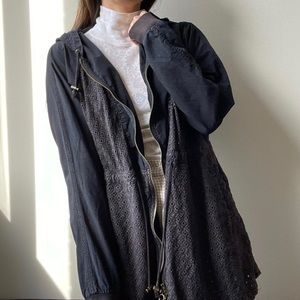 Free People Black Washed Anorak Parka Eyelet Drawstring Full Zip Hooded Jacket S